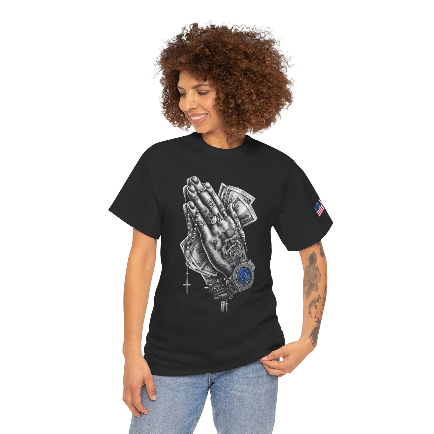 Praying Hands Money Print Tee — Streetwear Graphic T-Shirt with Watch & Rosary