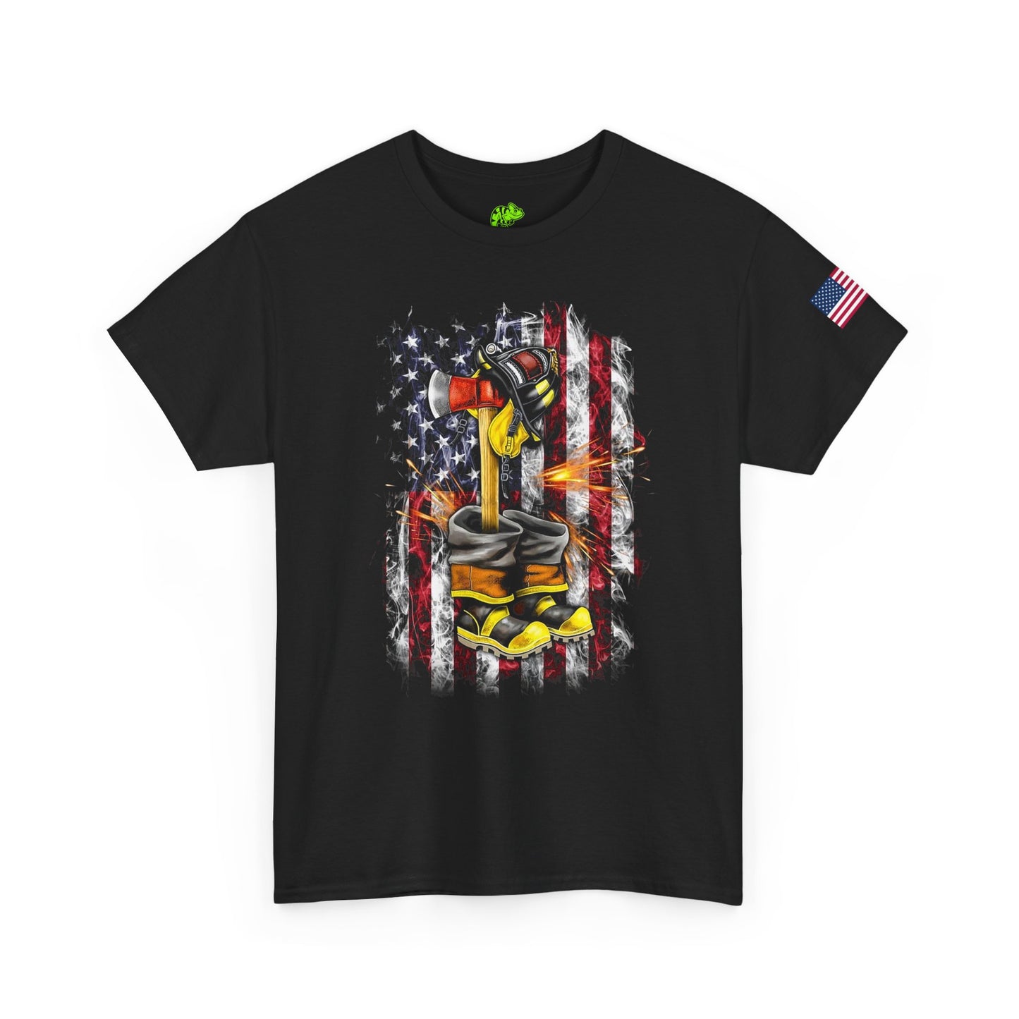 Firefighter Kneeling Flag T-Shirt — American Flag Tribute Tee