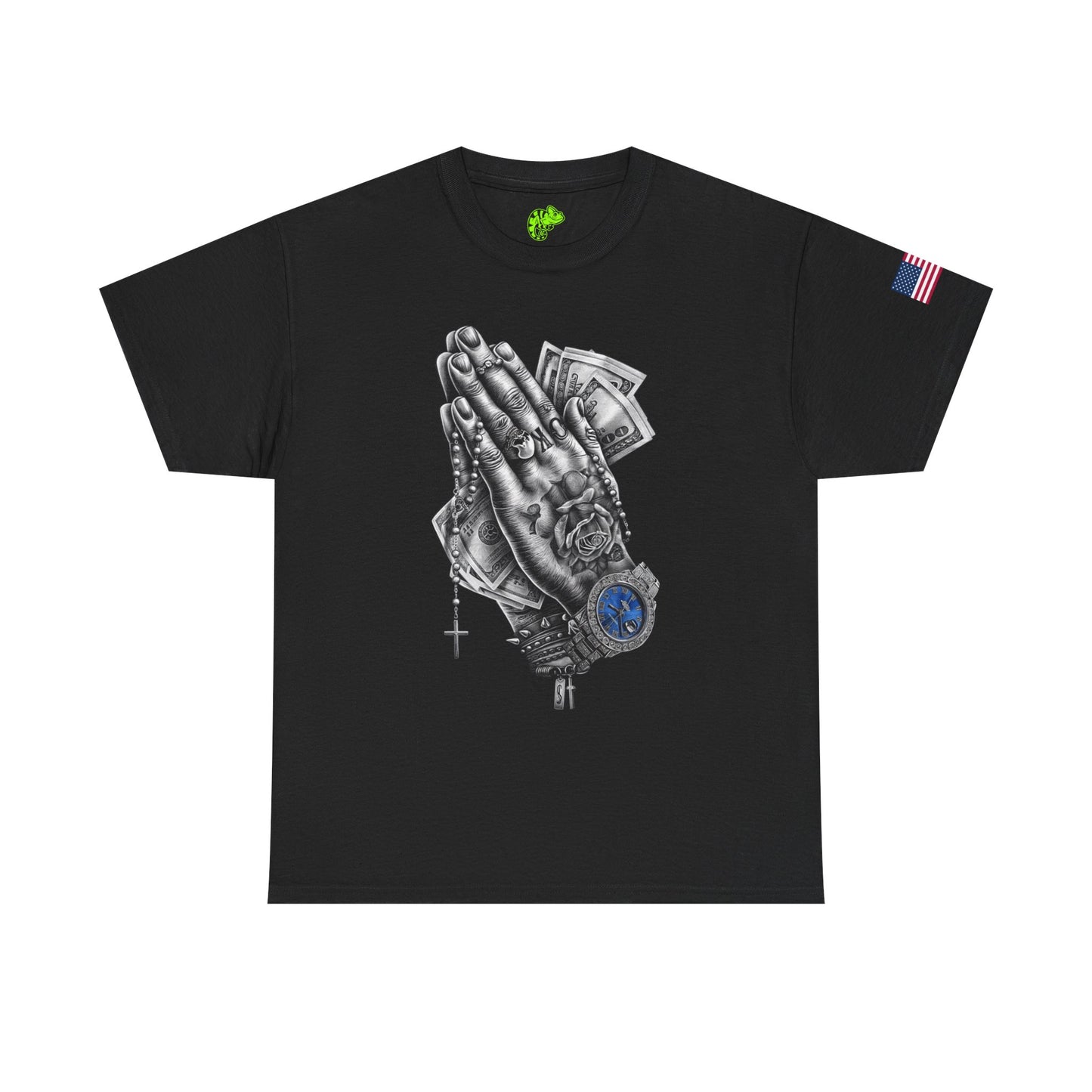 Praying Hands Money Print Tee — Streetwear Graphic T-Shirt with Watch & Rosary