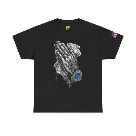 Praying Hands Money Print Tee — Streetwear Graphic T-Shirt with Watch & Rosary