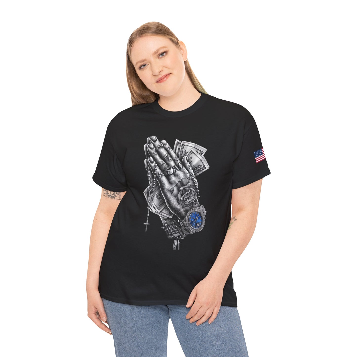 Praying Hands Money Print Tee — Streetwear Graphic T-Shirt with Watch & Rosary