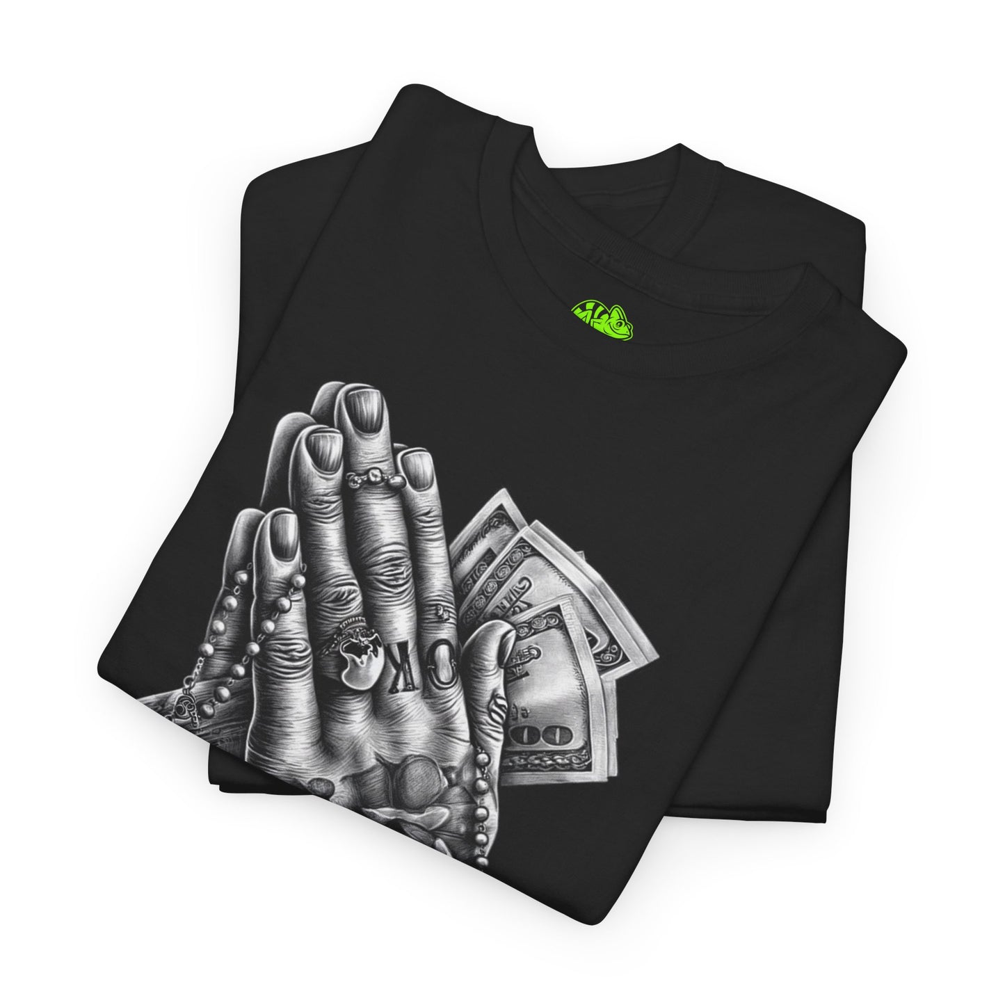 Praying Hands Money Print Tee — Streetwear Graphic T-Shirt with Watch & Rosary