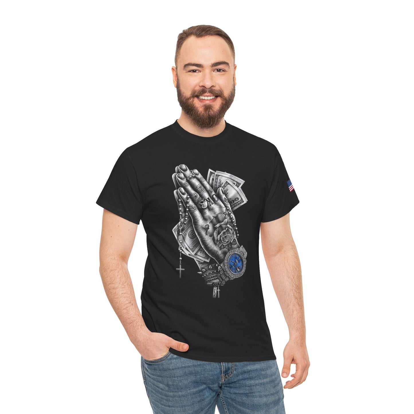 Praying Hands Money Print Tee — Streetwear Graphic T-Shirt with Watch & Rosary